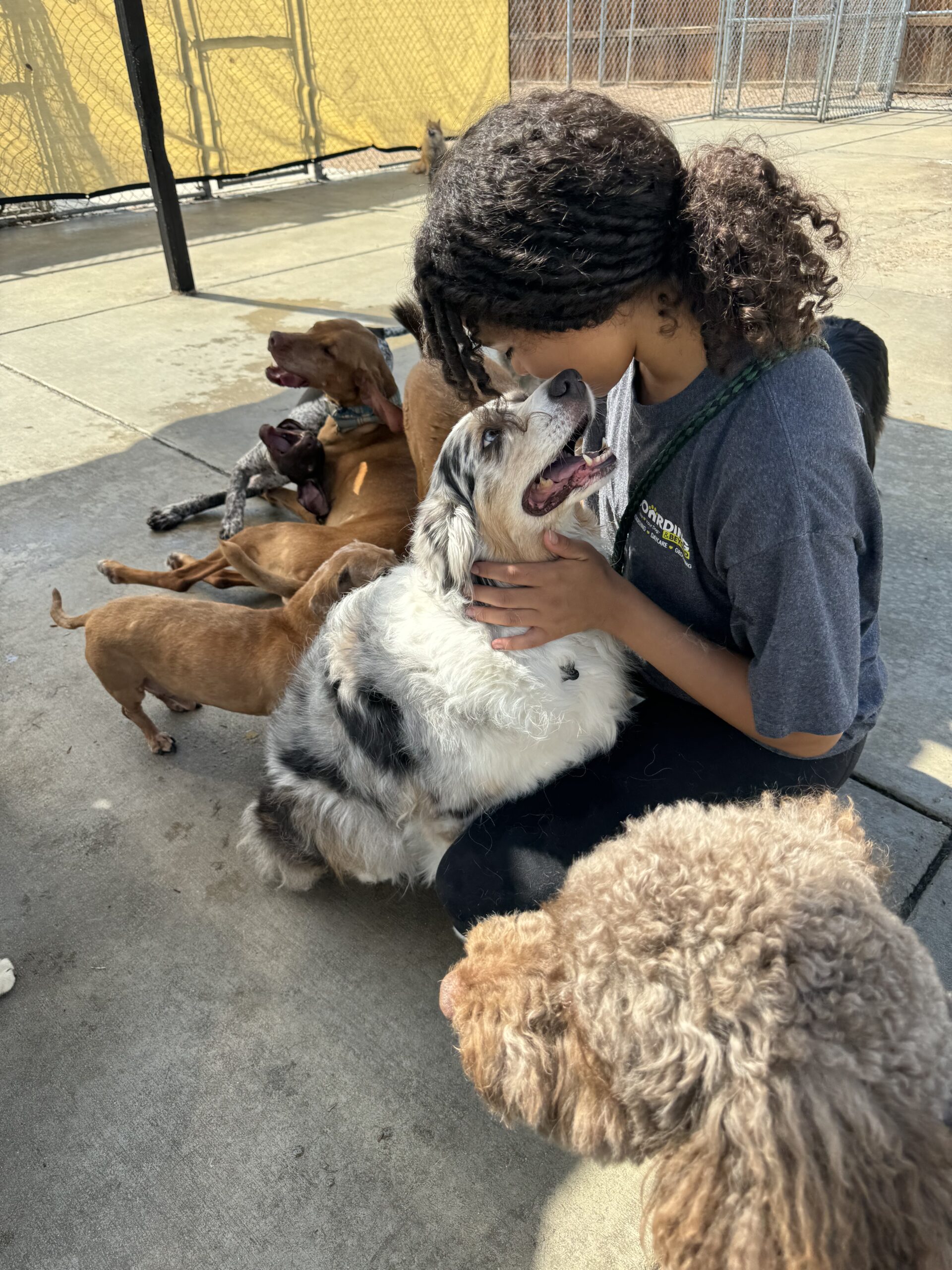 Boarding & Beyond female employee hugging a dog